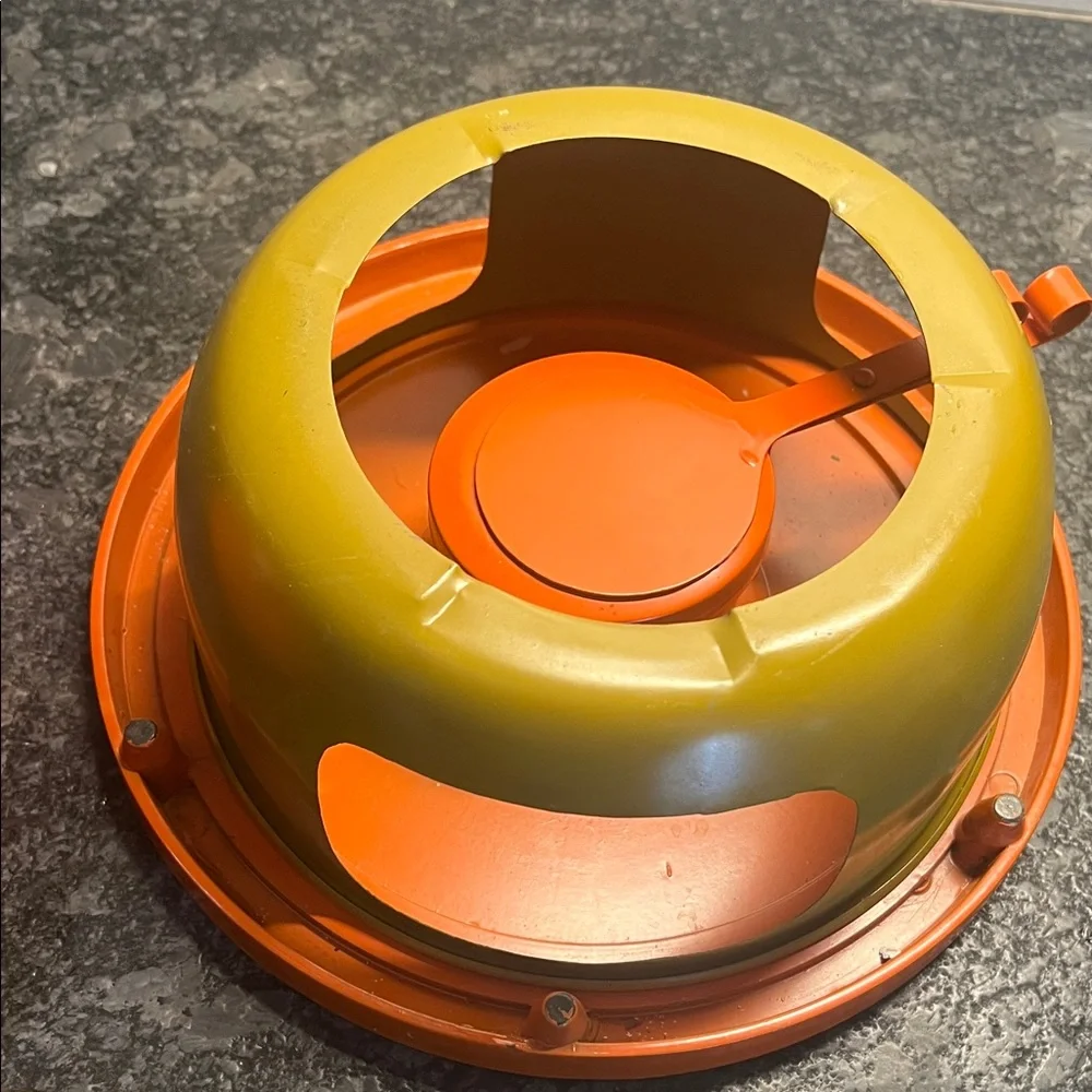 Vintage Mid Century Orange and Green Fondue Set.  Wood handle Retro
